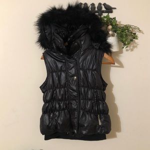 Vintage Apple Bottoms Puffer Vest with fuzzy detachable hood and inside pocket